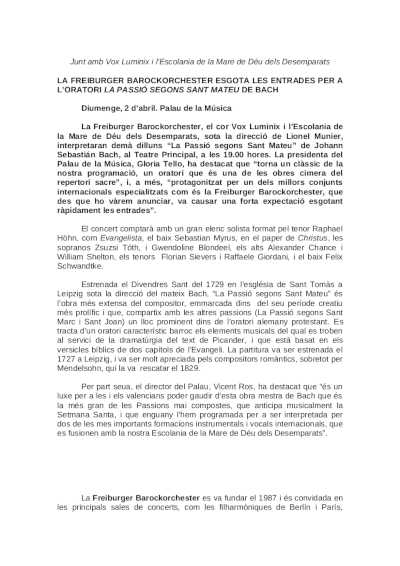 La Freiburger Barockorchester agota las entradas para el oatorio La Pasión según San Mateo de Bach La Freiburger Barockorchester agota las entradas para el oatorio La Pasión según San Mateo de Bach