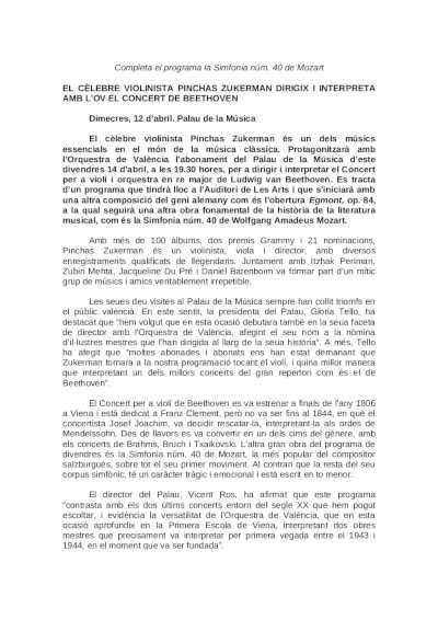 El célebre violinista Pinchas Zukerman dirige e interpreta con la Orquesta de València el concierto de Beethoven