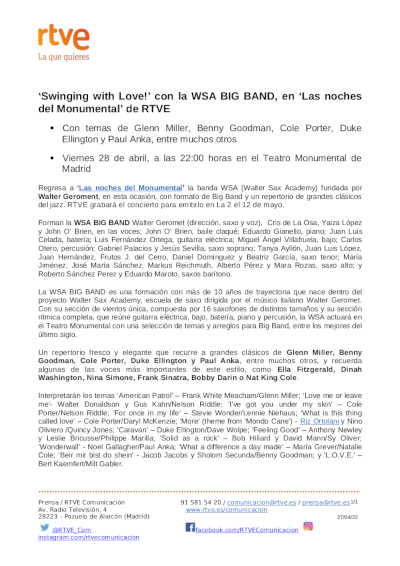 «Swinging with Love!» con la WSA BIG BAND, en «Las noches del Monumental» de RTVE