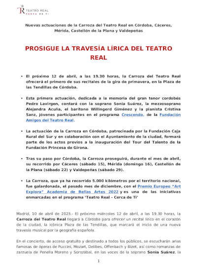 Prosigue la travesía lírica con la Carroza del Teatro Real