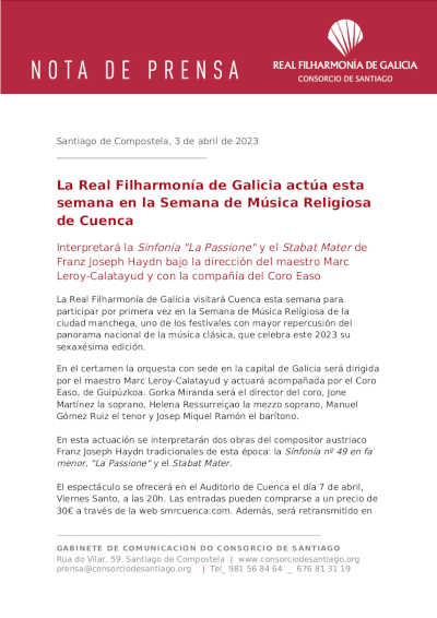 La Real Filharmonía de Galicia actúa esta semana en la Semana de Música Religiosa de Cuenca