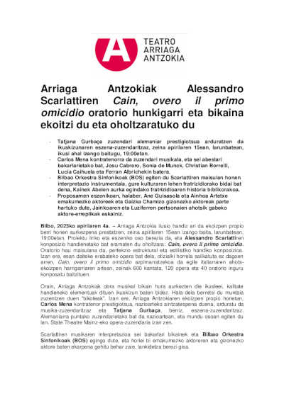 El Teatro Arriaga produce y lleva a escena el emocionante y sublime oratorio Cain, overo il primo omicidio