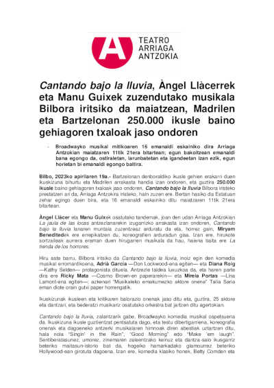 Cantando bajo la lluvia, el musical dirigido por Àngel Llàcer y Manu Guix, llega en mayo a Bilbao