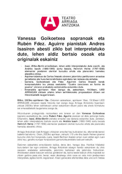 Vanessa Goikoetxea y Rubén F. Aguirre interpretan, por primera vez con un ciclo de canciones de Andrés Isasi