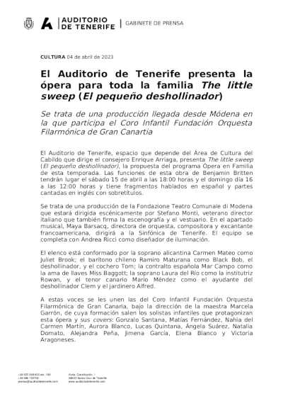 El Auditorio de Tenerife presenta la ópera para toda la familia The little sweep – El pequeño deshollinador