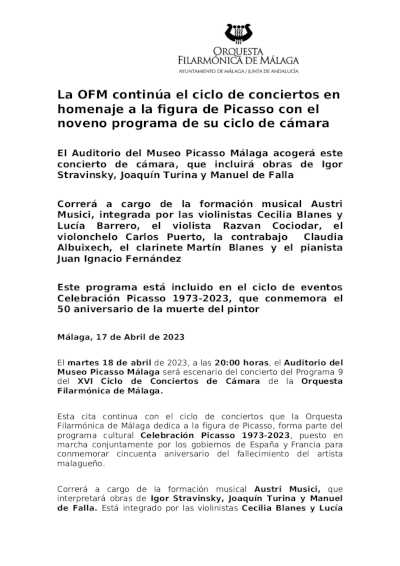 La OFM continúa el ciclo de conciertos en homenaje a la figura de Picasso con el noveno programa de su ciclo de cámara