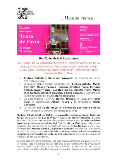 El Teatro de la Zarzuela presenta el estreno absoluto de la zarzuela contemporánea «trato de favor»