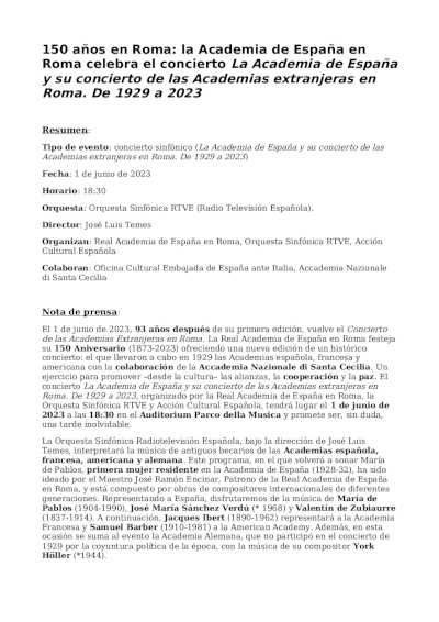 Academia de España en Roma celebra el concierto La Academia de España y su concierto de las Academias extranjeras en Roma Academia de España en Roma celebra el concierto La Academia de España y su concierto de las Academias extranjeras en Roma