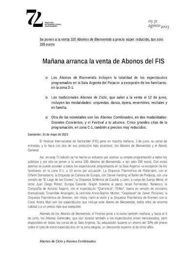 El jueves 1 de junio arranca la venta de abonos del 72º Festival Internacional de Santander