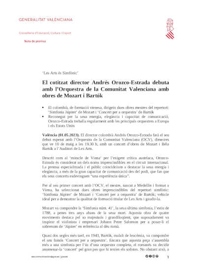 El cotizado director Andrés Orozco-Estrada debuta con la Orquestra de la Comunitat Valenciana con obras de Mozart y Bartók