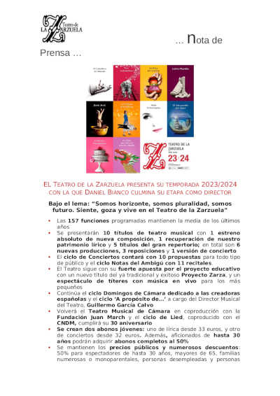EL Teatro de la Zarzuela presenta su temporada 2023/2024  con la que Daniel Bianco culmina su etapa como director