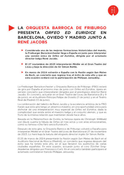 La Orquesta Barroca de Friburgo presenta Orfeo ed Euridice en Barcelona, Ovierdo y Madrid junto a René Jacobs La Orquesta Barroca de Friburgo presenta Orfeo ed Euridice en Barcelona, Ovierdo y Madrid junto a René Jacobs