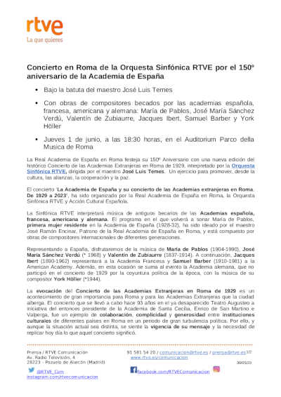 Concierto en Roma de la Orquesta Sinfónica RTVE por el 150º aniversario de la Academia de España