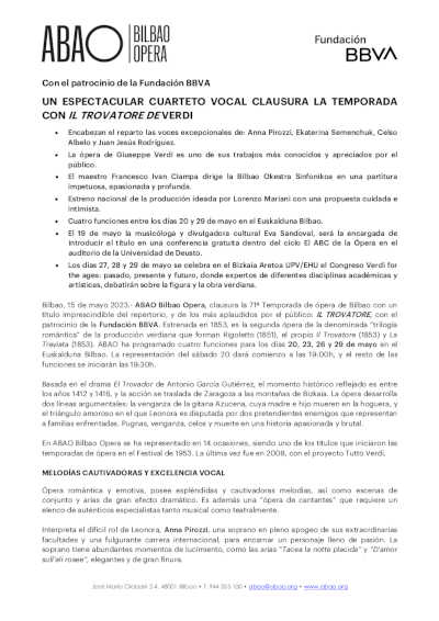Un espectacular cuarteto vocal clausura la temporada de ABAO Bilbao Opera con Il Trovatore de Verdi Un espectacular cuarteto vocal clausura la temporada de ABAO Bilbao Opera con Il Trovatore de Verdi