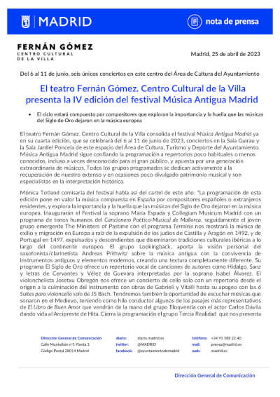 El teatro Fernán Gómez. Centro Cultural de la Villa presenta la IV edición del festival Música Antigua Madrid