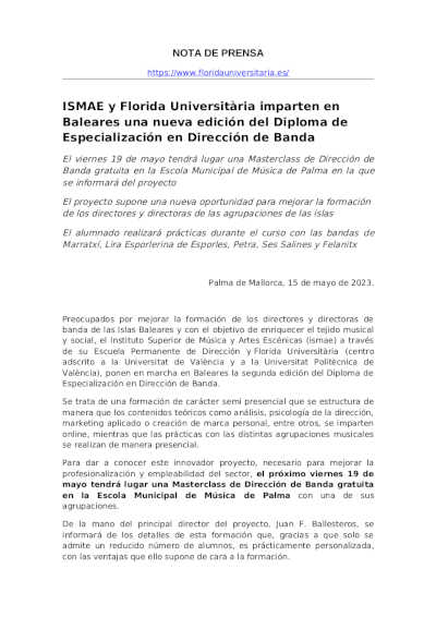 ISMAE y Florida Universitària imparten en Baleares una nueva edición del Diploma de Especialización en Dirección de Banda