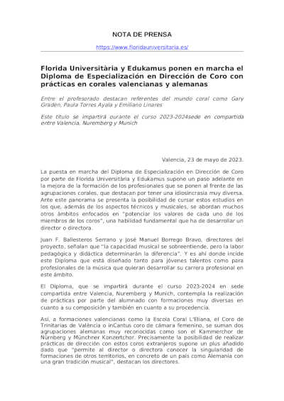 Florida Universitària y Edukamus ponen en marcha el Diploma de Especialización en Dirección de Coro