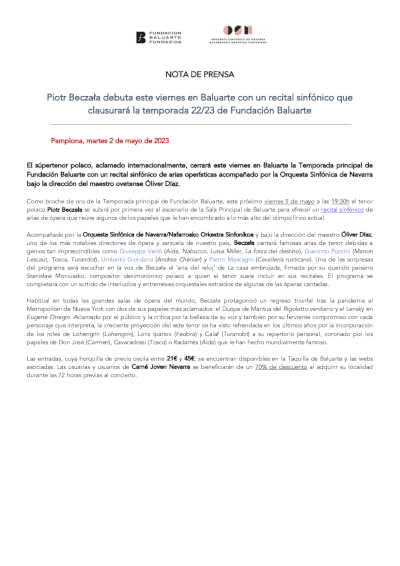 Piotr Beczala debuta en Baluarte con un recital sinfónico que clausurará la temporada 22/23 de Fundación Baluarte