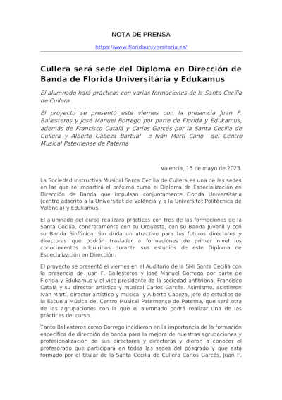 Cullera será sede del Diploma en Dirección de Banda de Florida Universitària y Edukamus
