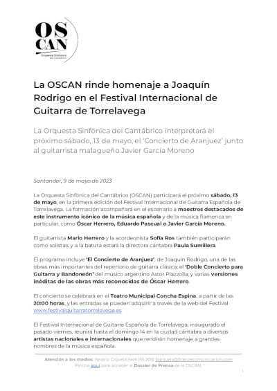 La OSCAN rinde homenaje a Joaquín Rodrigo en el Festival Internacional de Guitarra de Torrelavega