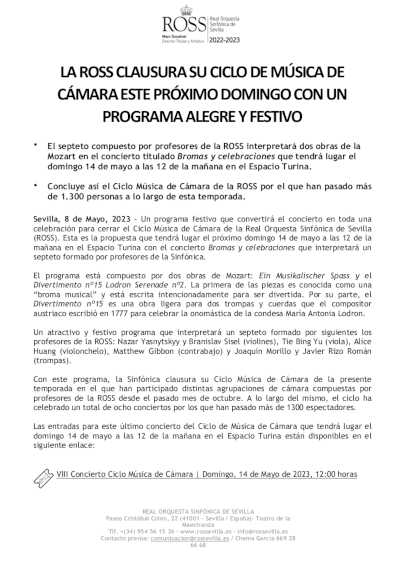 La ROSS clausura su Ciclo de Cámara con un programa alegre y festivo