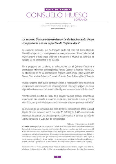La soprano Consuelo Hueso denuncia el silenciamiento de las compositoras con su espectáculo «Déjame decir»