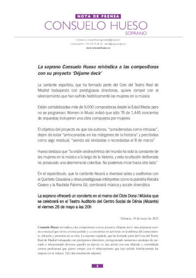 La soprano Consuelo Hueso reivindica a las compositoras con su proyecto «Déjame decir» La soprano Consuelo Hueso reivindica a las compositoras con su proyecto «Déjame decir»