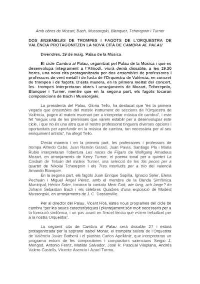 Dos ensembles de trompas y fagots de la Orquesta de València en una nueva cita de Cambra al Palau