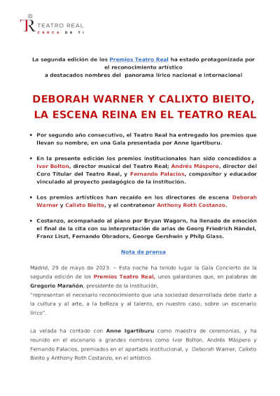 Segunda edición de los Premios Teatro Real con Deborah Warner y Clixto Bieito como protagonistas