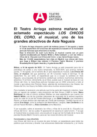 El Teatro Arriaga estrena «Los chicos del coro, el musical», espectáculo basado en la inolvidable película francesa El Teatro Arriaga estrena «Los chicos del coro, el musical», espectáculo basado en la inolvidable película francesa