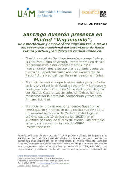 Santiago Auserón presenta en Madrid “Vagamundo”, en un concierto organizado por el CSIPM de la UAM