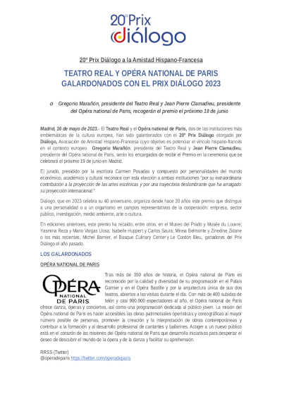 El Teatro Real y la Opéra national de Paris han sido galardonados con el 20º Prix Diálogo 2023