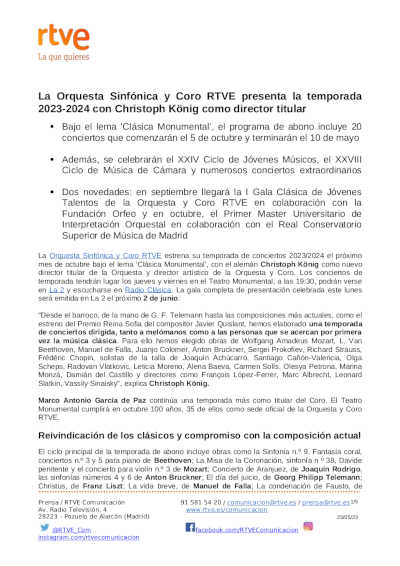 La Orquesta Sinfónica y Coro RTVE presenta la temporada 2023-2024 con Christoph König como director titular