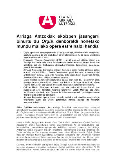 El Teatro Arriaga convierte Orgia, su gran estreno mundial de ópera, en una producción sostenible