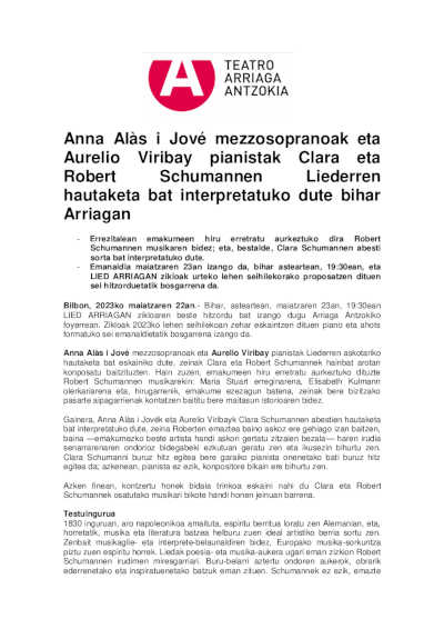 La mezzosoprano Anna Alàs i Jové y el pianista Aurelio Viribay actúan en el Arriaga