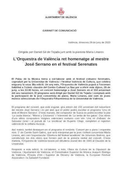 La Orquesta de València rinde homenaje al maestro José Serrano en el festival Serenates