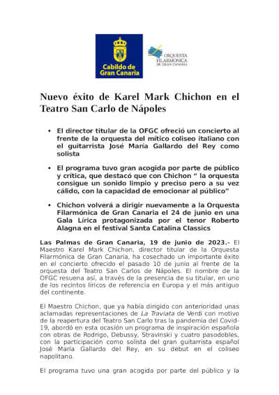 Nuevo éxito de Karel Mark Chichon al frente de la orquesta del Teatro San Carlo de Nápoles