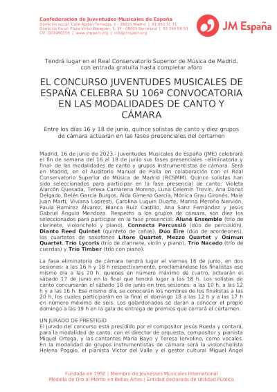 El Concurso Juventudes Musicales de España celebra su 106ª convocatoria en las modalidades de canto y cámara El Concurso Juventudes Musicales de España celebra su 106ª convocatoria en las modalidades de canto y cámara
