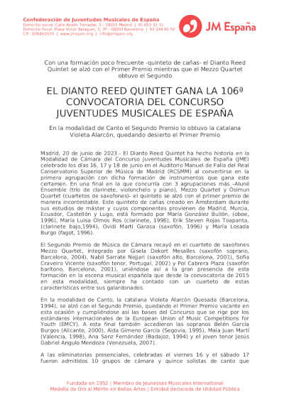 El Dianto Reed Quintet gana la 106ª Convocatoria del Concurso Juventudes Musicales de España
