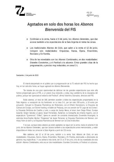 Agotados en solo dos horas los Abonos Bienvenida del Festival Internacional de Santander