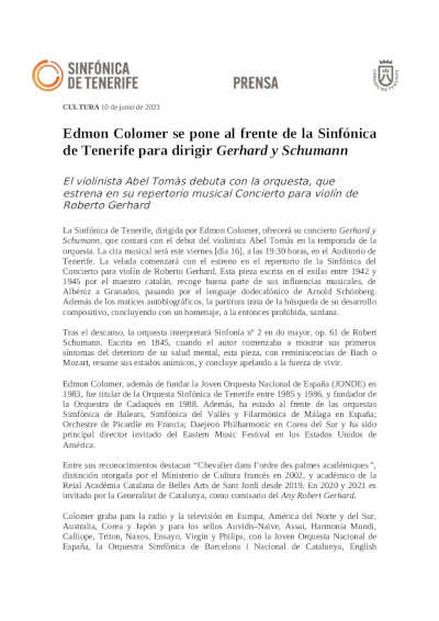 Edmon Colomer se pone al frente de la Sinfónica de Tenerife para dirigir Gerhard y Schumann