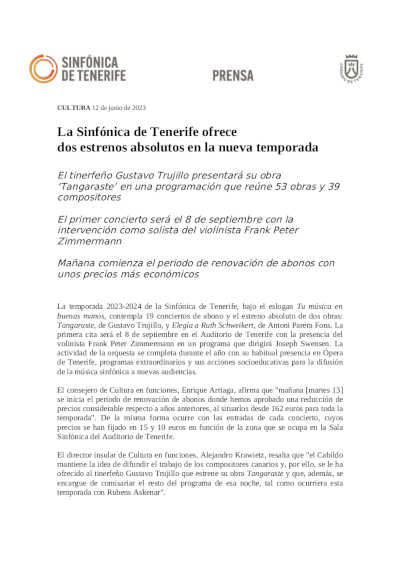 La Sinfónica de Tenerife ofrece dos estrenos absolutos en la nueva temporada 23 – 24