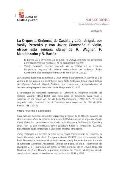 La OSCyL con Vasily Petrenko y Javier Comesaña ofrecen obras de R. Wagner, F. Mendelssohn y B. Bartók