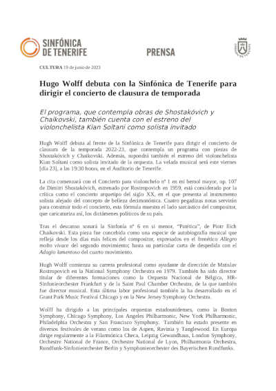 Hugo Wolff debuta con la Sinfónica de Tenerife para dirigir el concierto de clausura de temporada