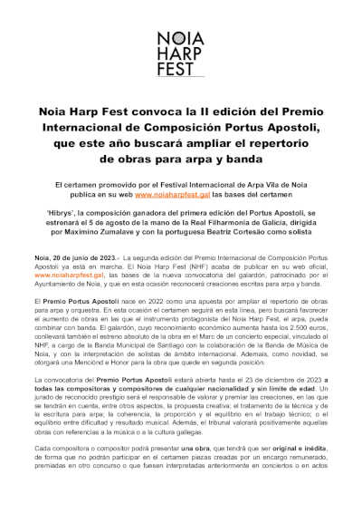 Noia Harp Fest convoca la II edición del Premio Internacional de Composición Portus Apostoli