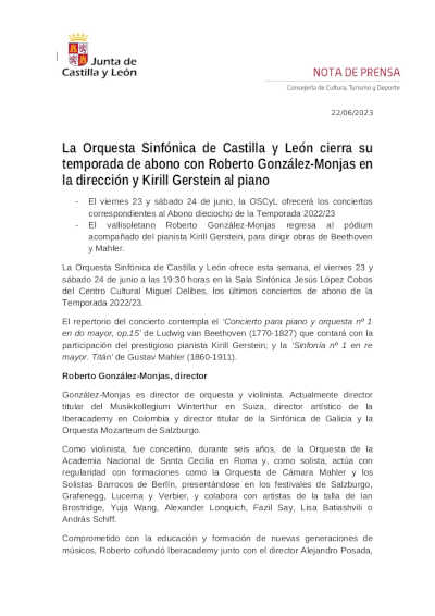 La Orquesta Sinfónica de Castilla y León cierra su temporada de abono con Roberto González-Monjas