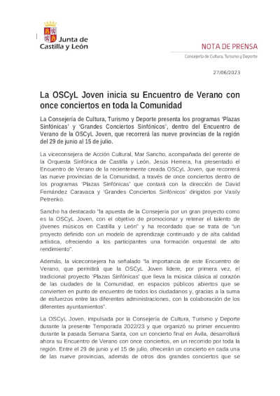 La OSCyL Joven inicia su Encuentro de Verano con once conciertos en toda la Comunidad
