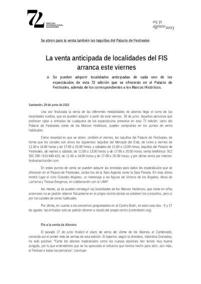 La venta anticipada de localidades del Festival Internacional de Santander arranca el viernes 30 de junio