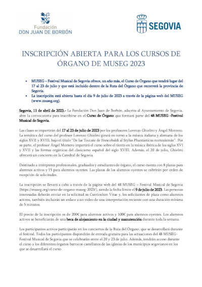 Inscripción abierta para los Cursos de Órgano de MUSEG 2023