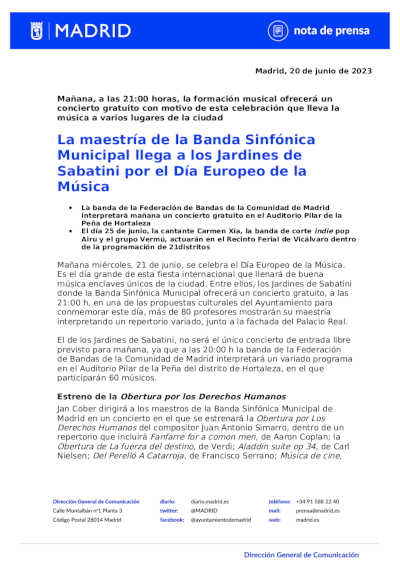 La maestría de la Banda Sinfónica Municipal de Madrid llega a los Jardines de Sabatini por el Día Europeo de la Música